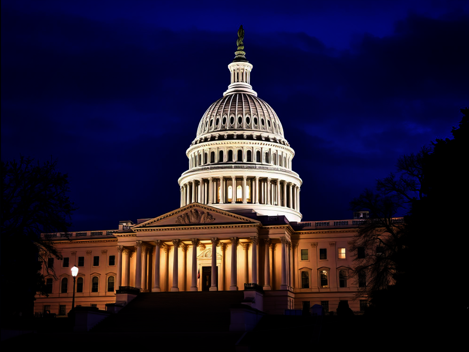 The U.S. Capitol at night beneath a constellation of connected data points