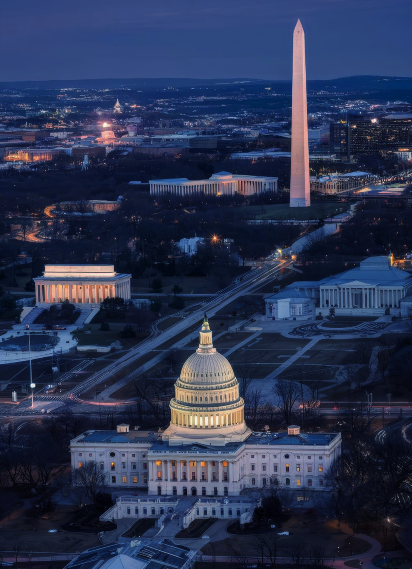 The Washington Monument at night connected by a network of data points